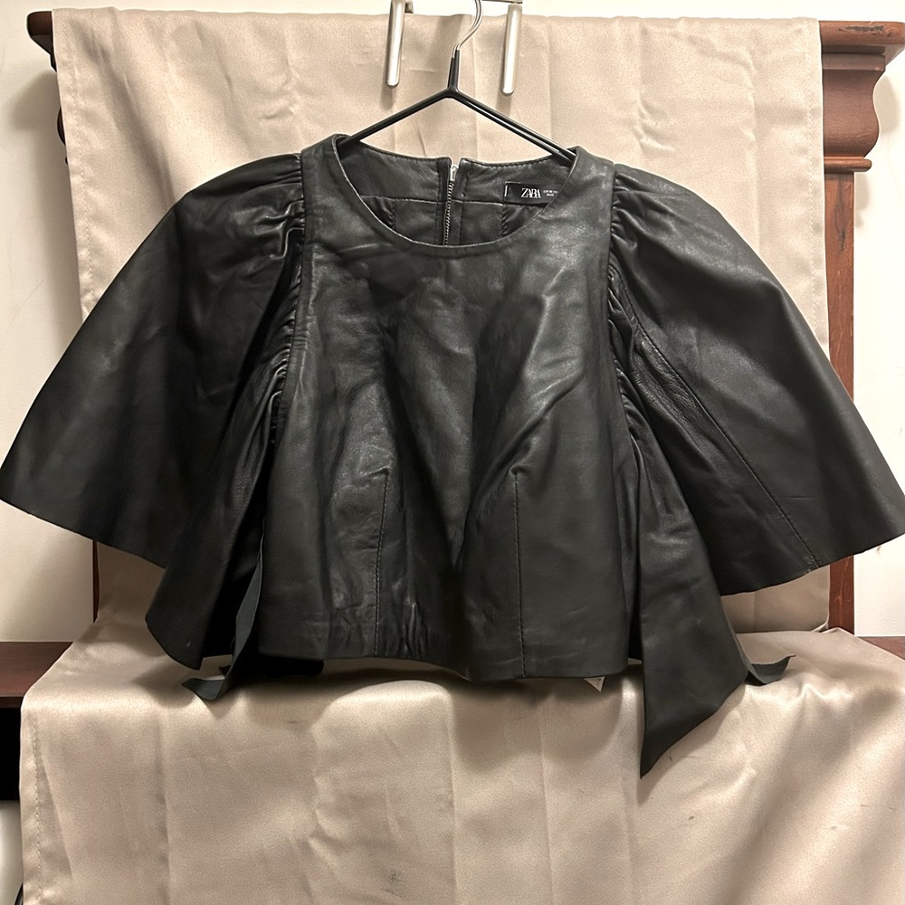 Zara Black Faux Leather Cropped Top with Wide Sleeves